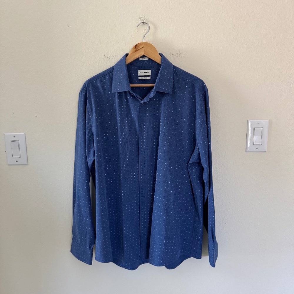 Lucky Brand Performance Button Down Shirt Men's XL Slim Fit Blue Stretch